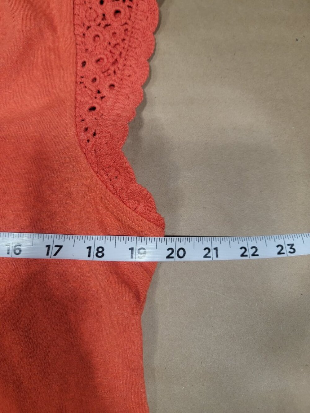 Loft Size L Red-Orange Poppy Scoop Neck T-Shirt with Crochet Lace Sleeves - Picture 8 of 12